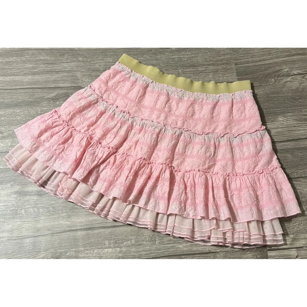 Free People Ruffle Tiered Boho Bubblegum Pink Mini Skirt Size Large (32